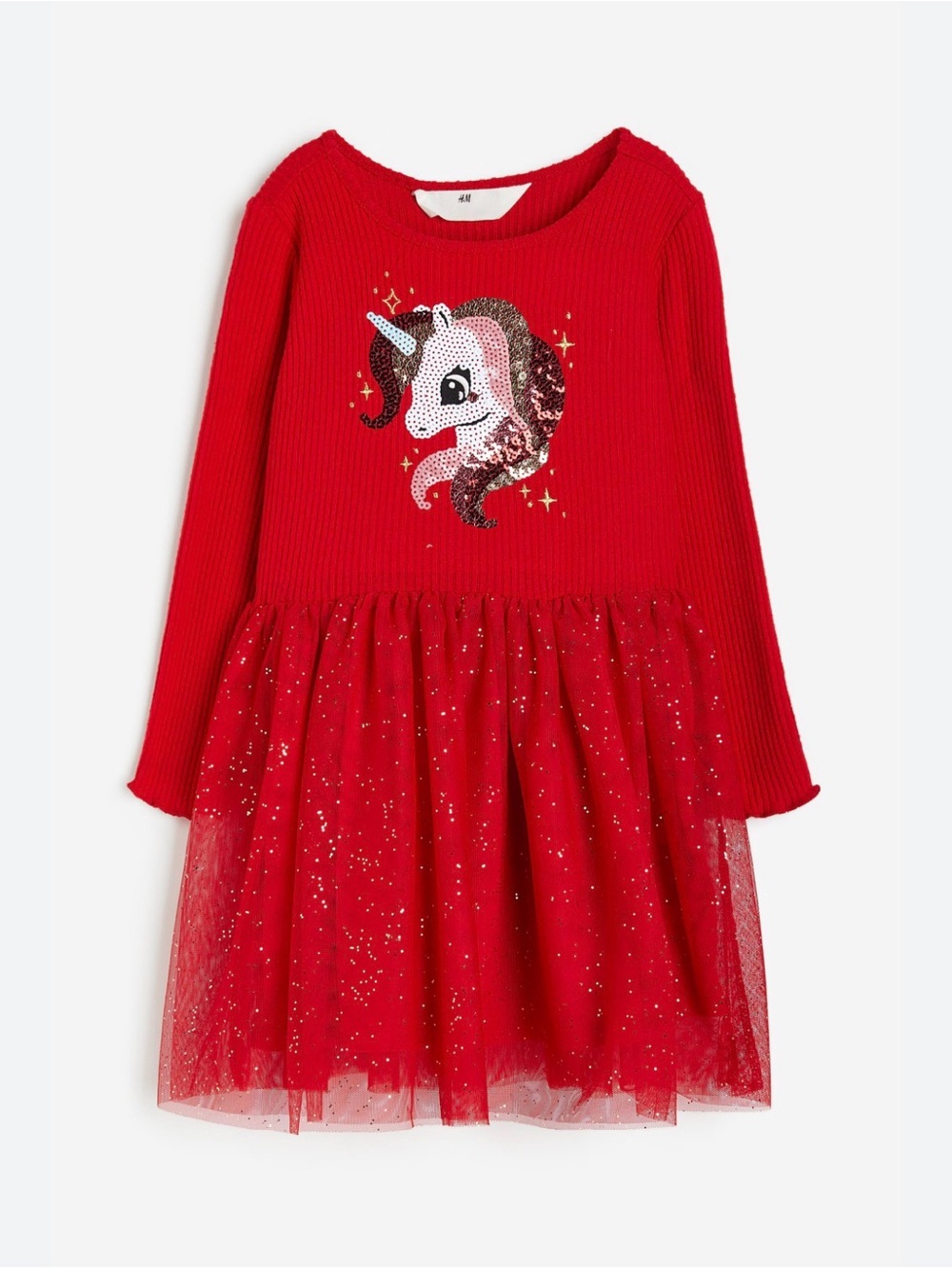 H&M Girls Unicorn Tulle Dress Red Sparkle Size 6X/7